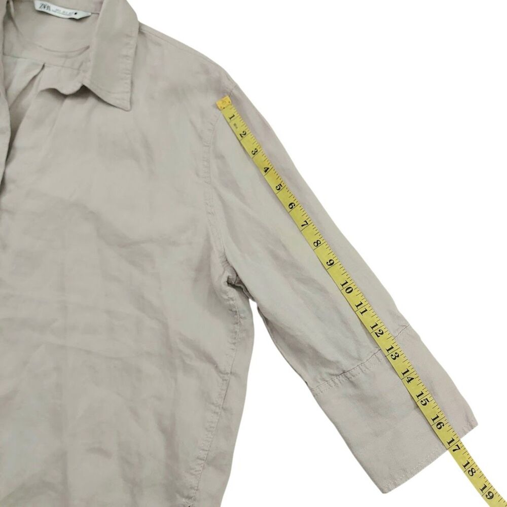 Zara Linen Shirt Womens Medium Beige Long Sleeve Button Up Boxy Coastal Boho - Picture 11 of 11